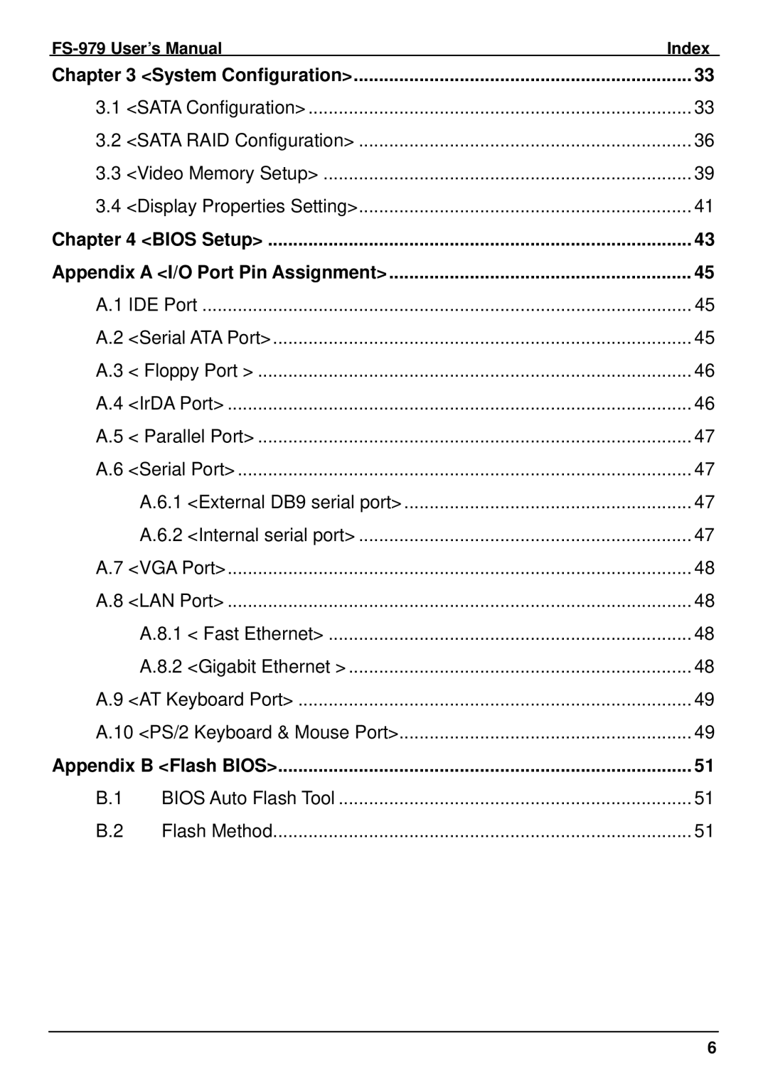 Intel user manual FS-979 User’s Manual Index System Configuration, Bios Setup Appendix a I/O Port Pin Assignment 