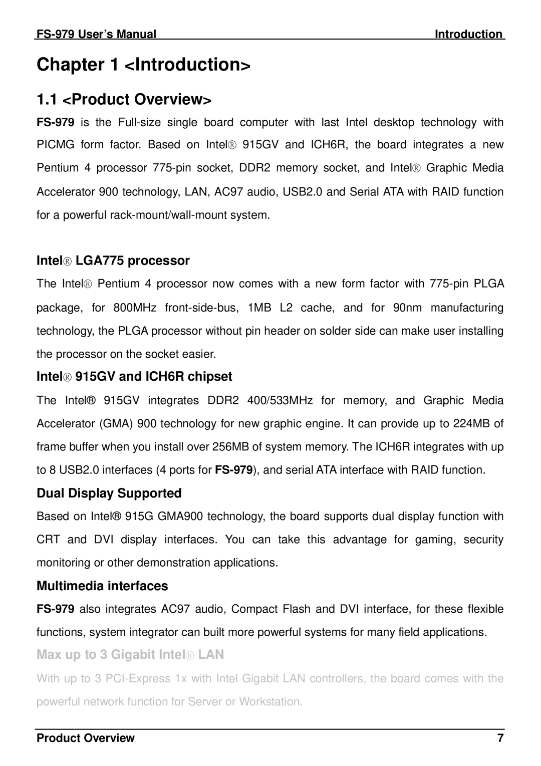 Intel FS-979 user manual Introduction, Product Overview 