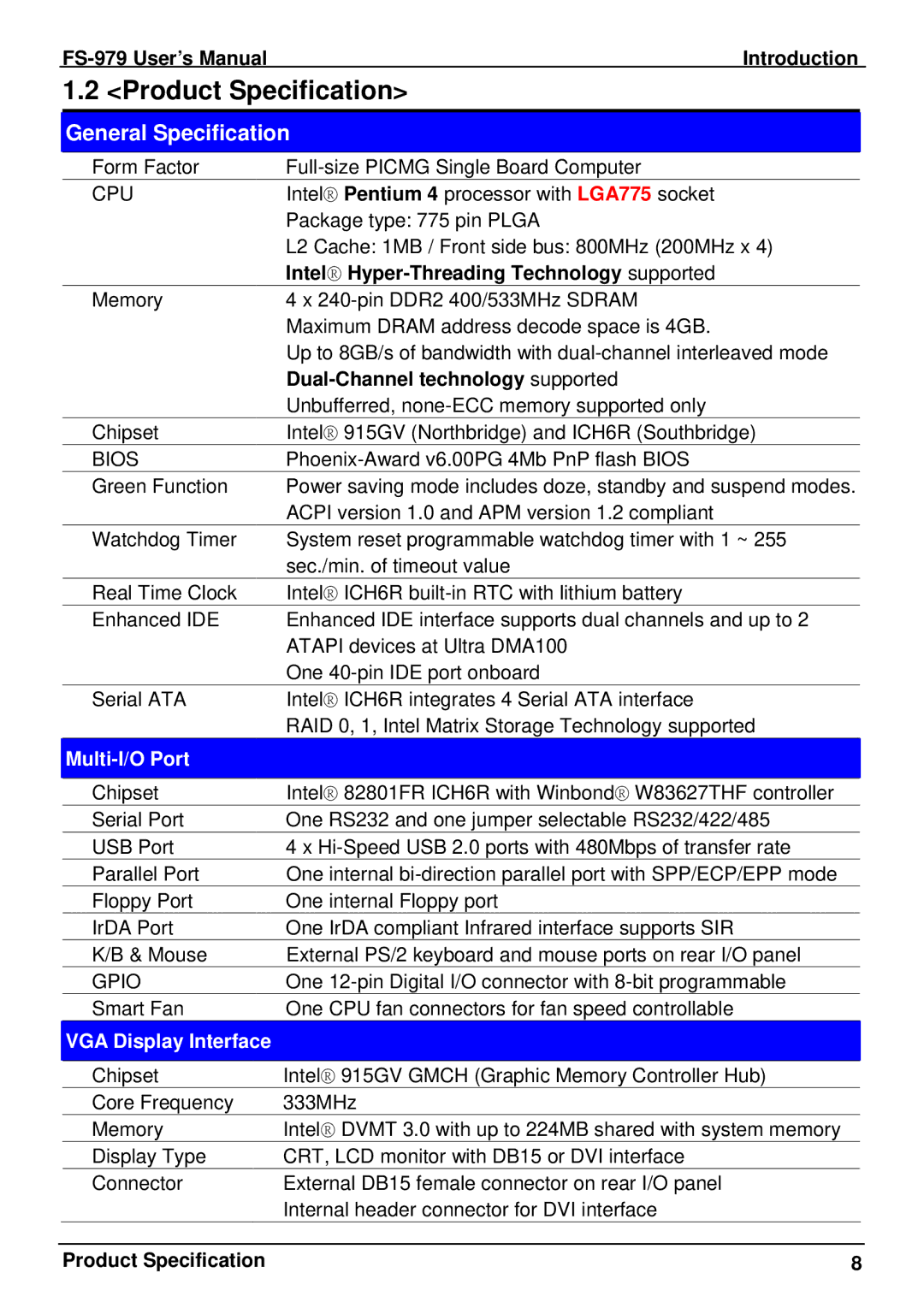 Intel FS-979 user manual Product Specification, Multi-I/O Port, VGA Display Interface 