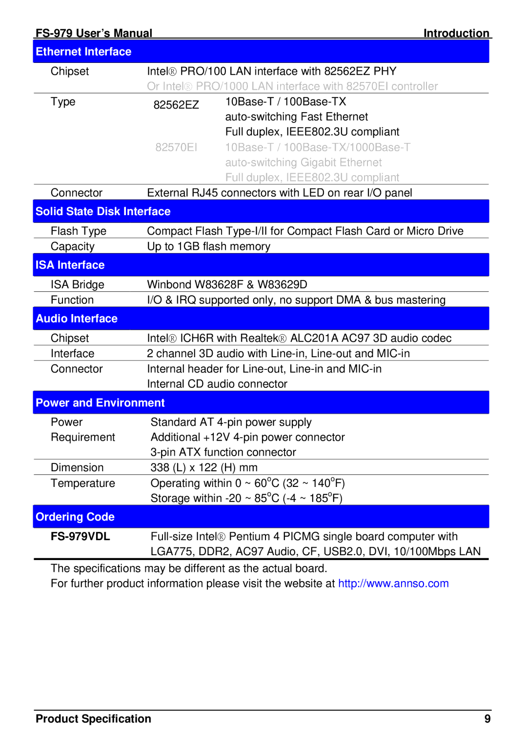 Intel FS-979 Ethernet Interface, Solid State Disk Interface, ISA Interface, Audio Interface, Power and Environment 