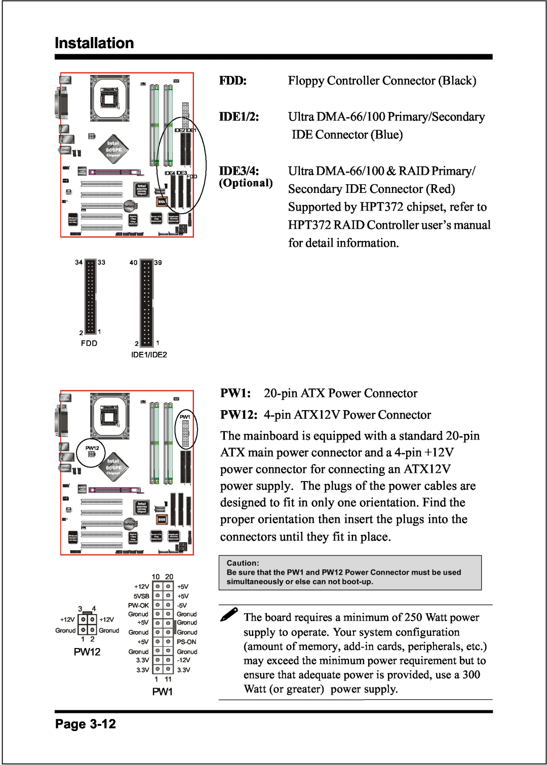 Intel FSB800 (PC2700) Installation, FDD IDE1/2 IDE3/4, Floppy Controller Connector Black, PW1: 20-pinATX Power Connector 
