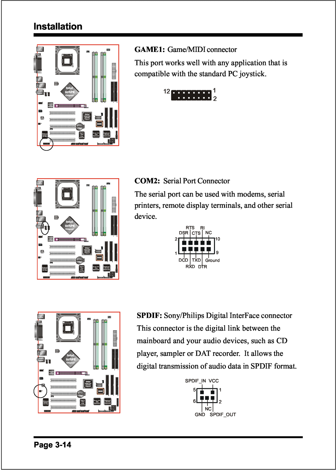 Intel FSB800 (PC3200), FSB800 (PC2700), FSB800 / DDR333 (PC2700), FSB533 Installation, GAME1: Game/MIDI connector 