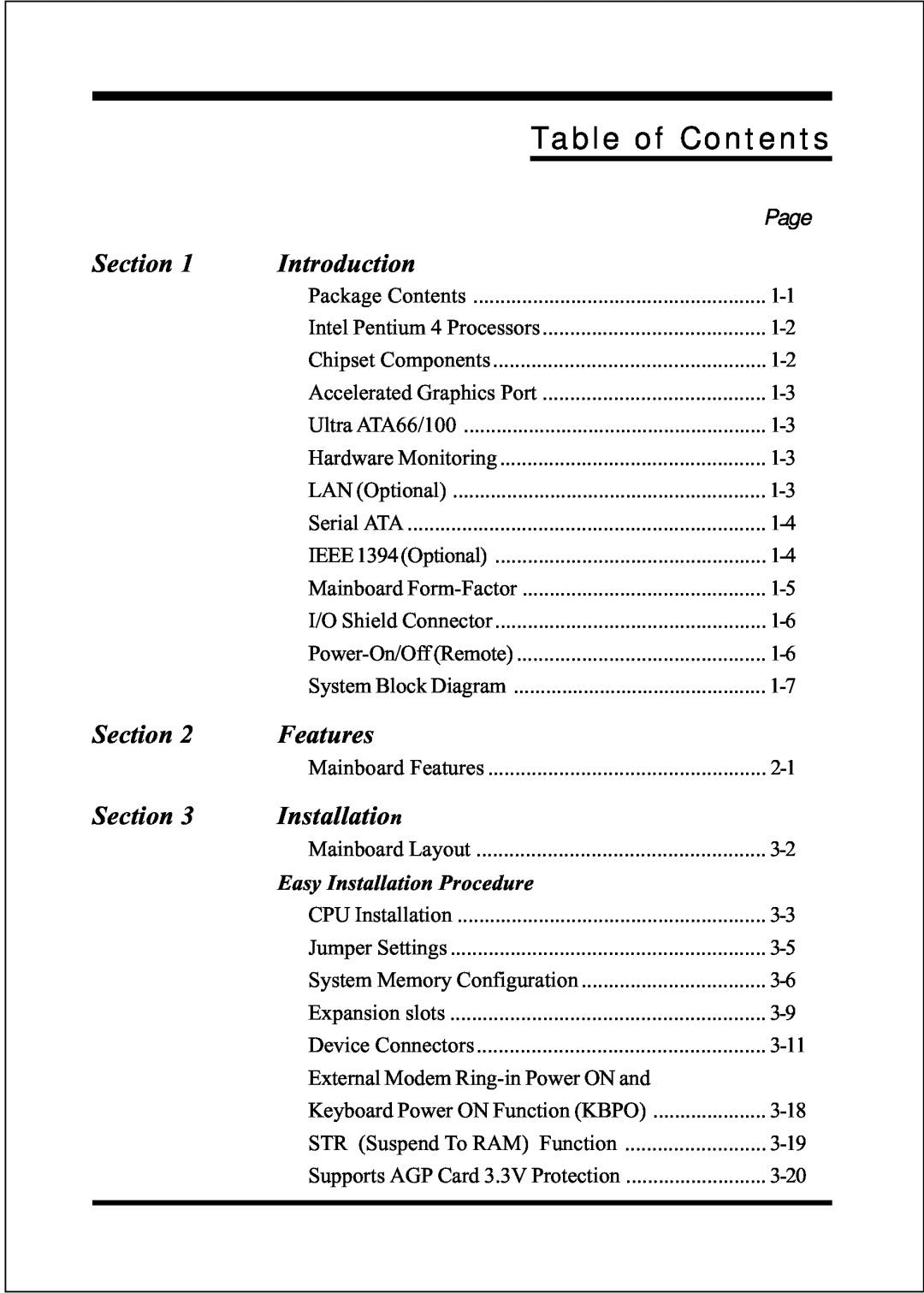 Intel FSB533, FSB800 (PC2700), FSB800 / DDR333 (PC2700) Table of Contents, Section, Introduction, Features, Installation 