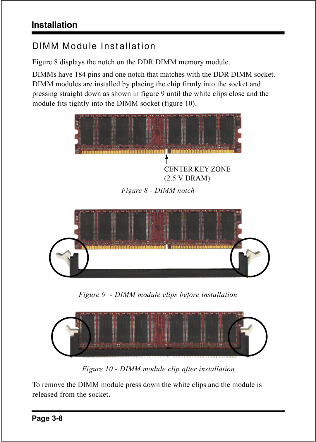 Intel FSB400 (PC2100), FSB800 (PC2700), FSB800 / DDR333 (PC2700) Dimm Module Installation, Center KEY Zone 2.5 V Dram 