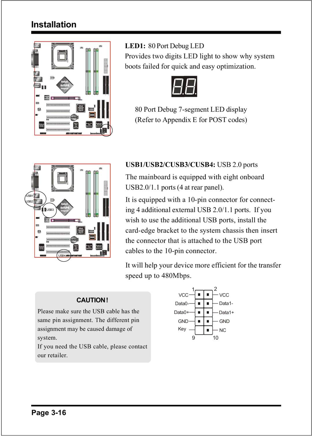 Intel FSB533, FSB800 (PC2700), FSB800 / DDR333 (PC2700), FSB800 (PC3200), FSB400 / DDR266 (PC2100) LED1 80 Port Debug LED 