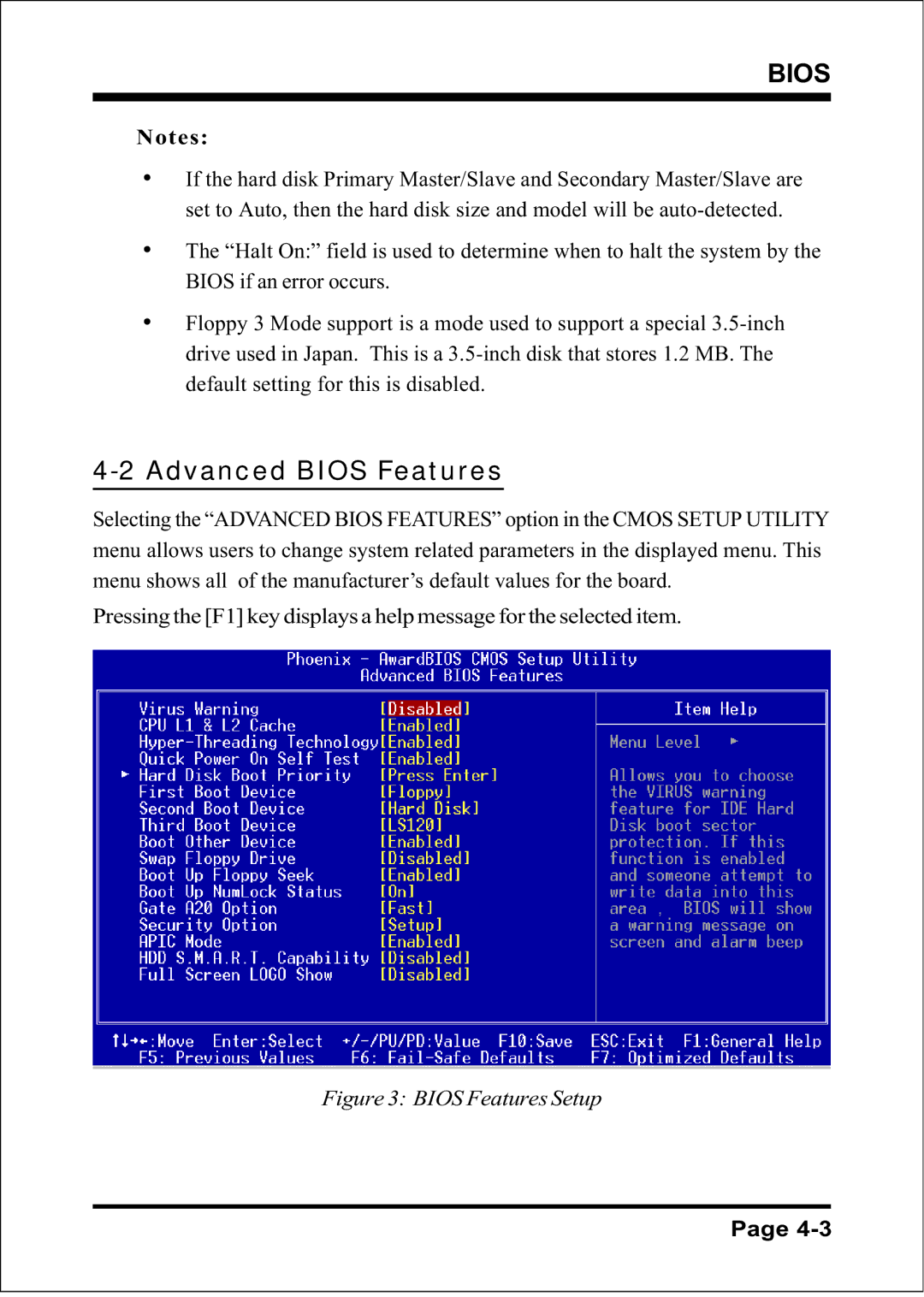 Intel FSB800 / DDR333 (PC2700), FSB800 (PC2700), FSB800 (PC3200), FSB533 Advanced Bios Features, Bios Features Setup 