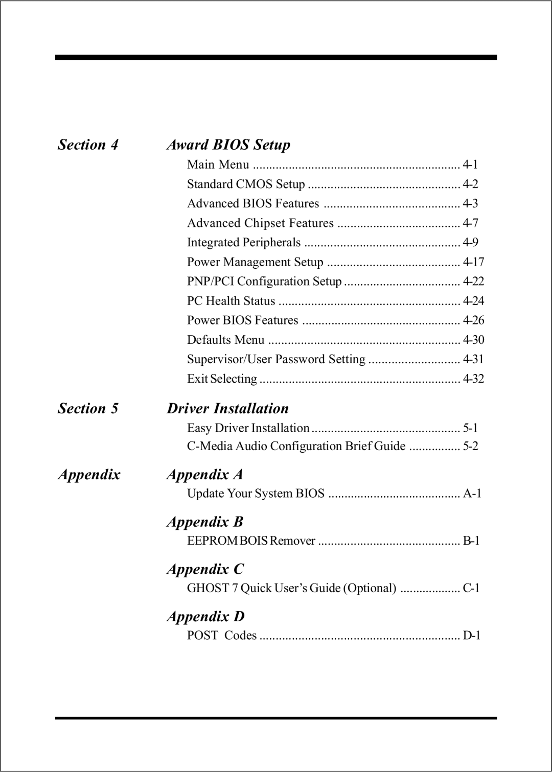 Intel FSB800 / DDR400 (PC3200) Section Award Bios Setup, Section Driver Installation, Appendix Appendix a, Appendix B 