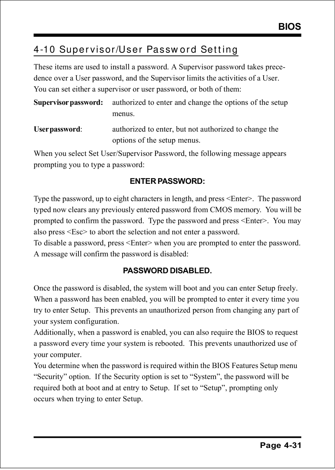 Intel DDR266 (PC2100), FSB800 (PC2700), FSB800 (PC3200) Supervisor/User Password Setting, Enter Password, Password Disabled 