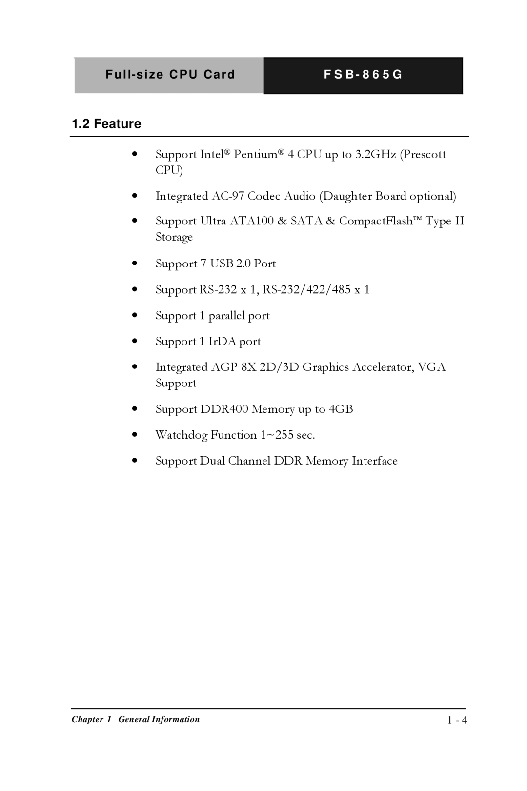 Intel FSB- 865G, Full-size CPU Card manual Feature 