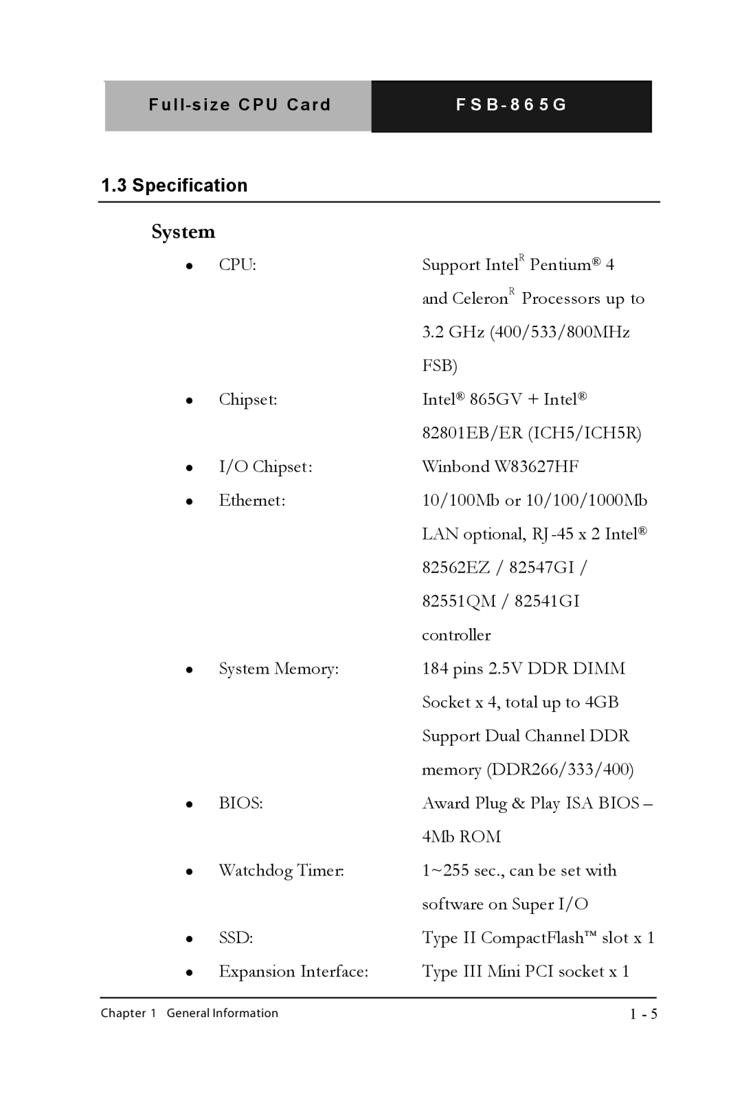 Intel Full-size CPU Card, FSB- 865G manual System, Specification 