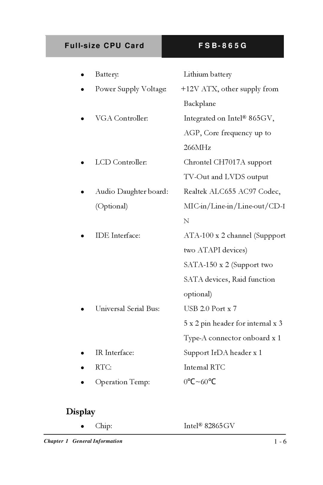 Intel FSB- 865G, Full-size CPU Card manual Display 