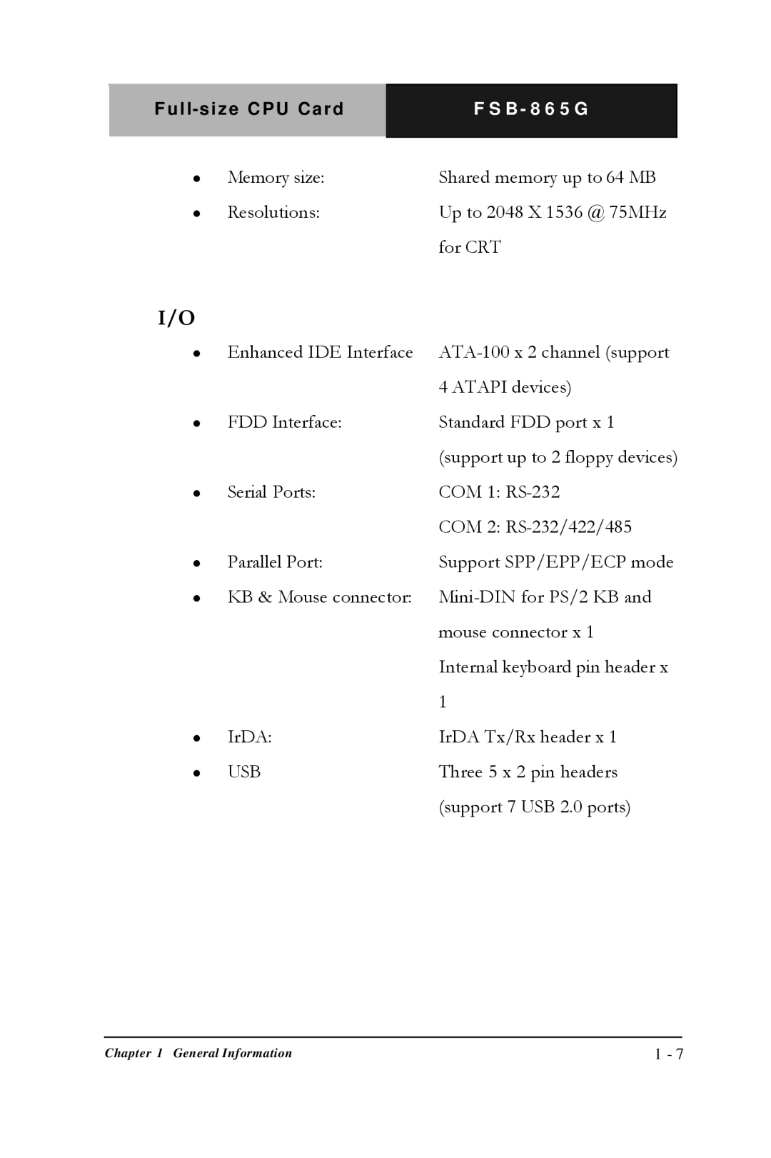 Intel Full-size CPU Card, FSB- 865G manual Usb 