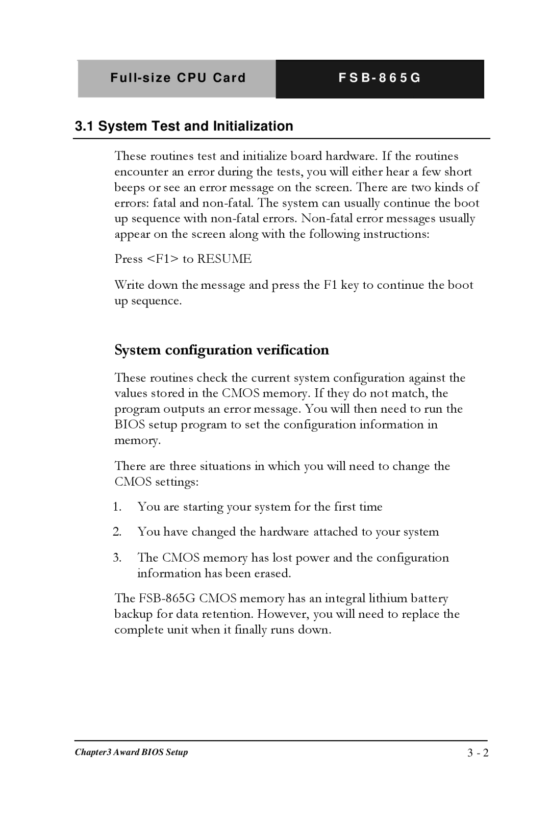 Intel FSB- 865G, Full-size CPU Card manual System configuration verification, System Test and Initialization 