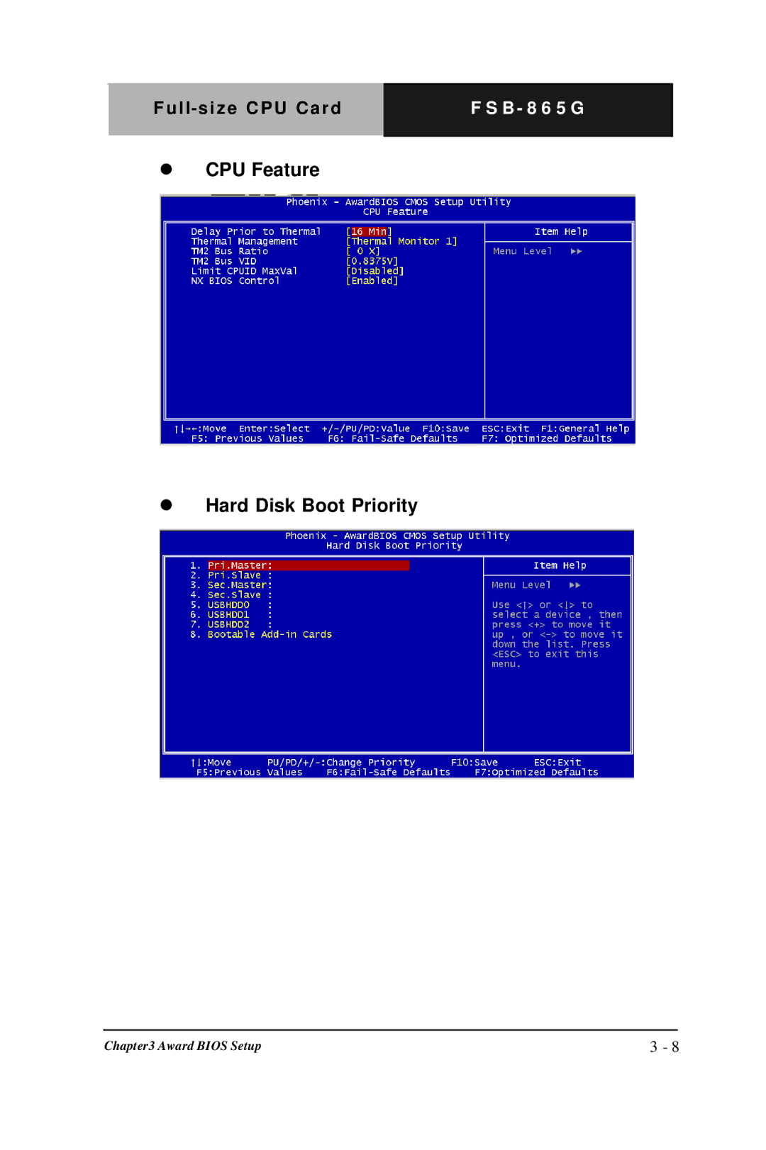 Intel FSB- 865G, Full-size CPU Card manual CPU Feature Hard Disk Boot Priority 