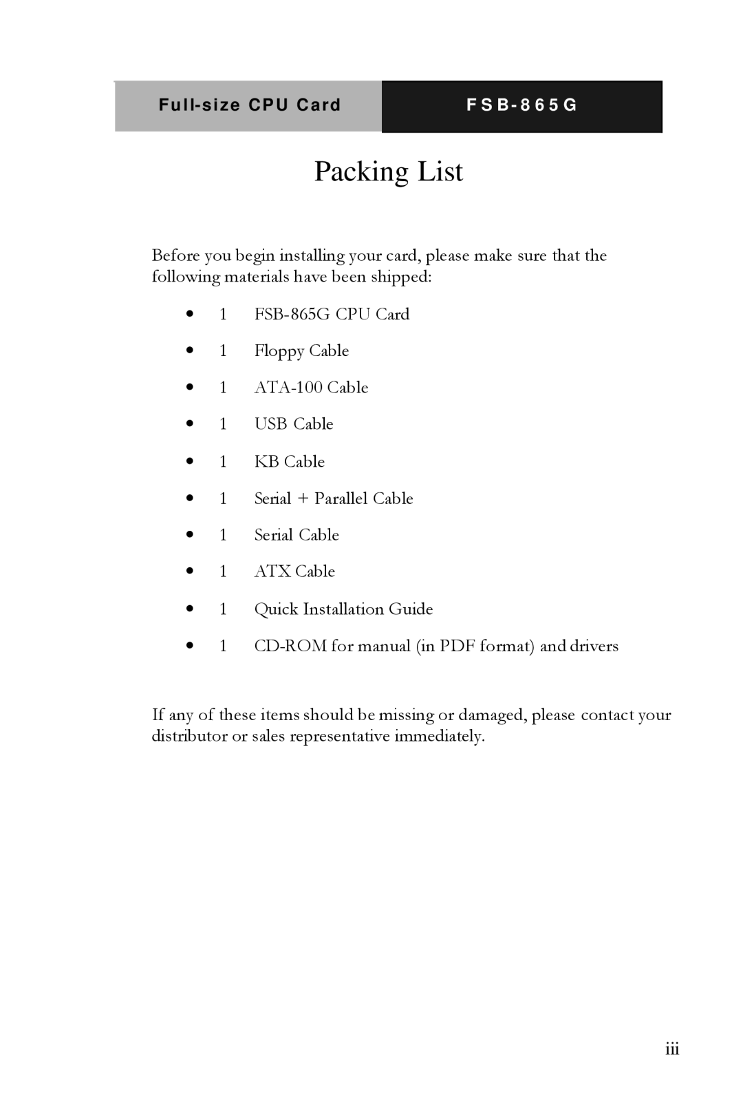 Intel Full-size CPU Card, FSB- 865G manual Packing List 