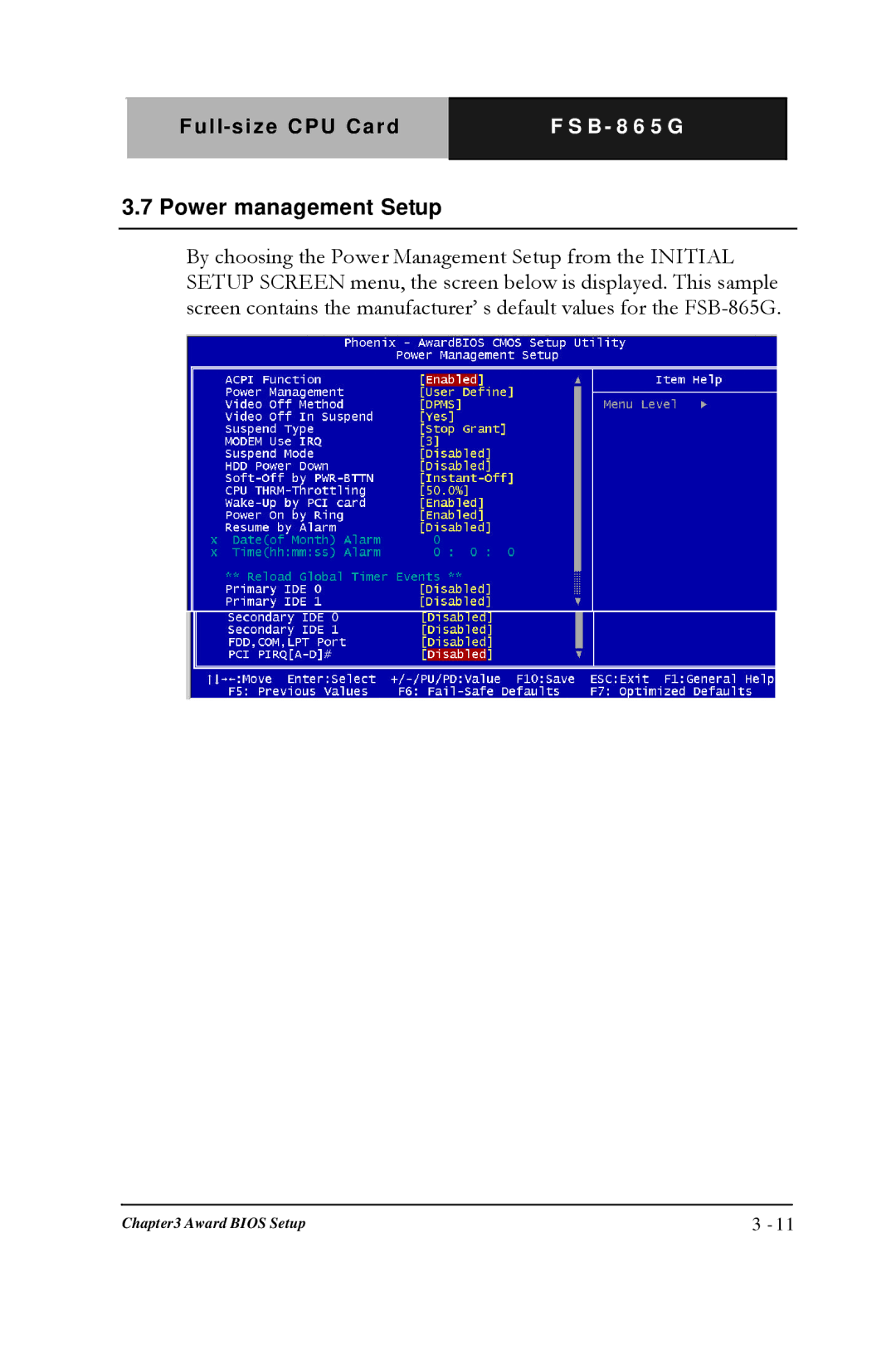 Intel Full-size CPU Card, FSB- 865G manual Power management Setup 