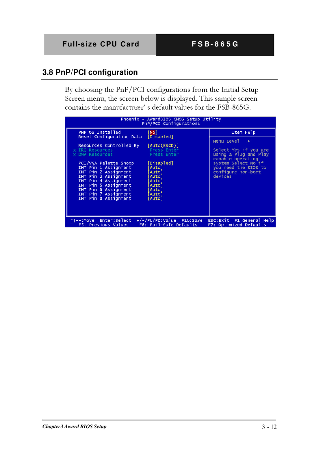 Intel FSB- 865G, Full-size CPU Card manual PnP/PCI configuration 