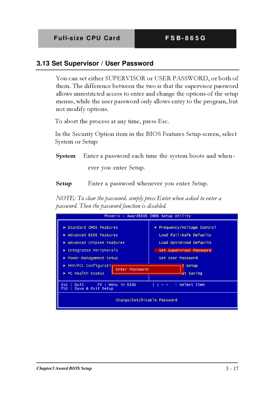 Intel Full-size CPU Card, FSB- 865G manual Set Supervisor / User Password 