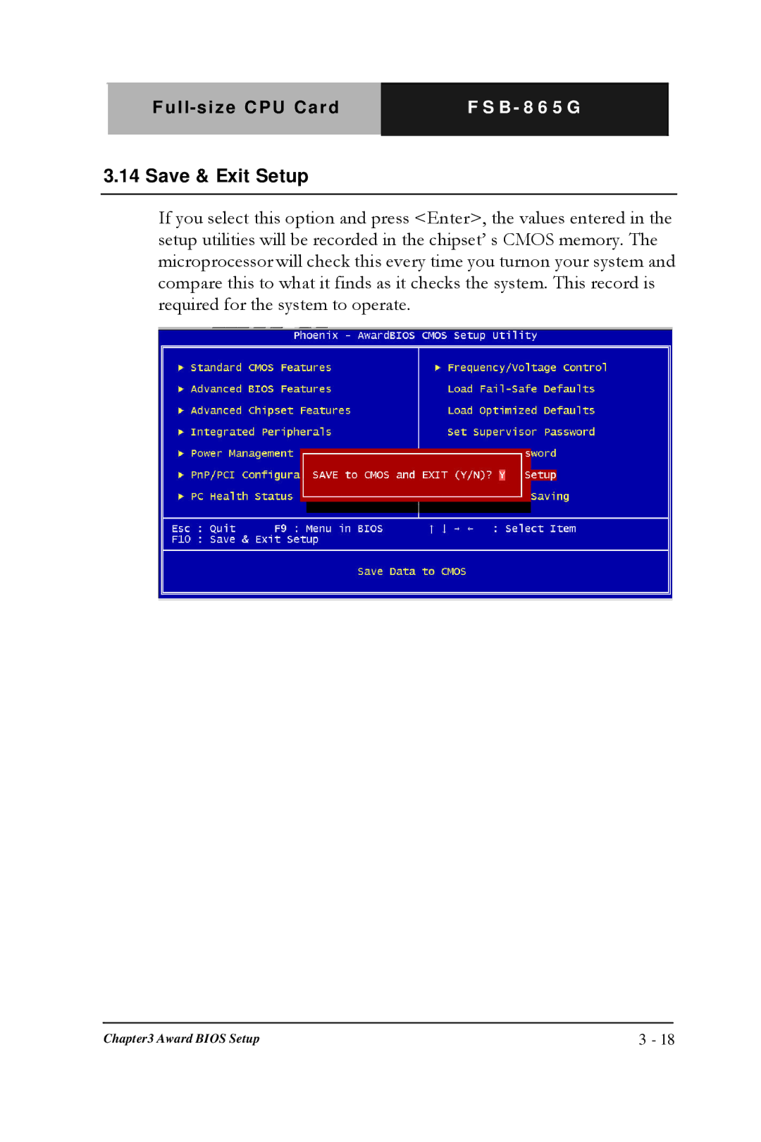 Intel FSB- 865G, Full-size CPU Card manual Save & Exit Setup 