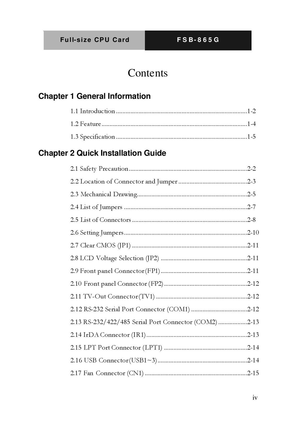 Intel FSB- 865G, Full-size CPU Card manual Contents 