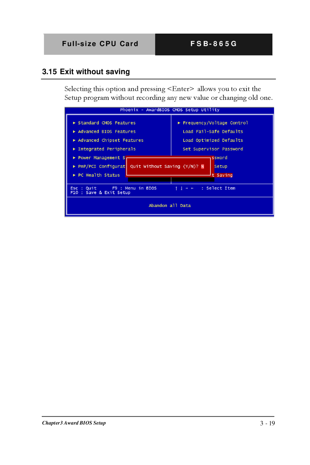 Intel Full-size CPU Card, FSB- 865G manual Exit without saving 