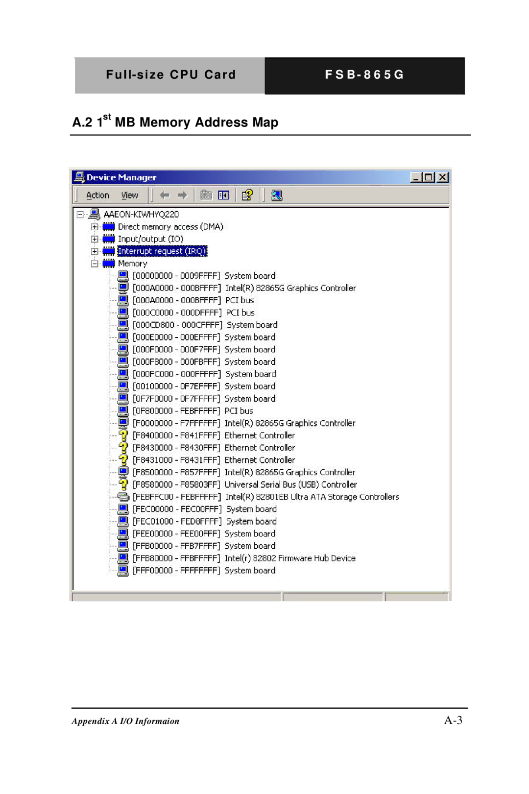 Intel FSB- 865G, Full-size CPU Card manual 1st MB Memory Address Map 