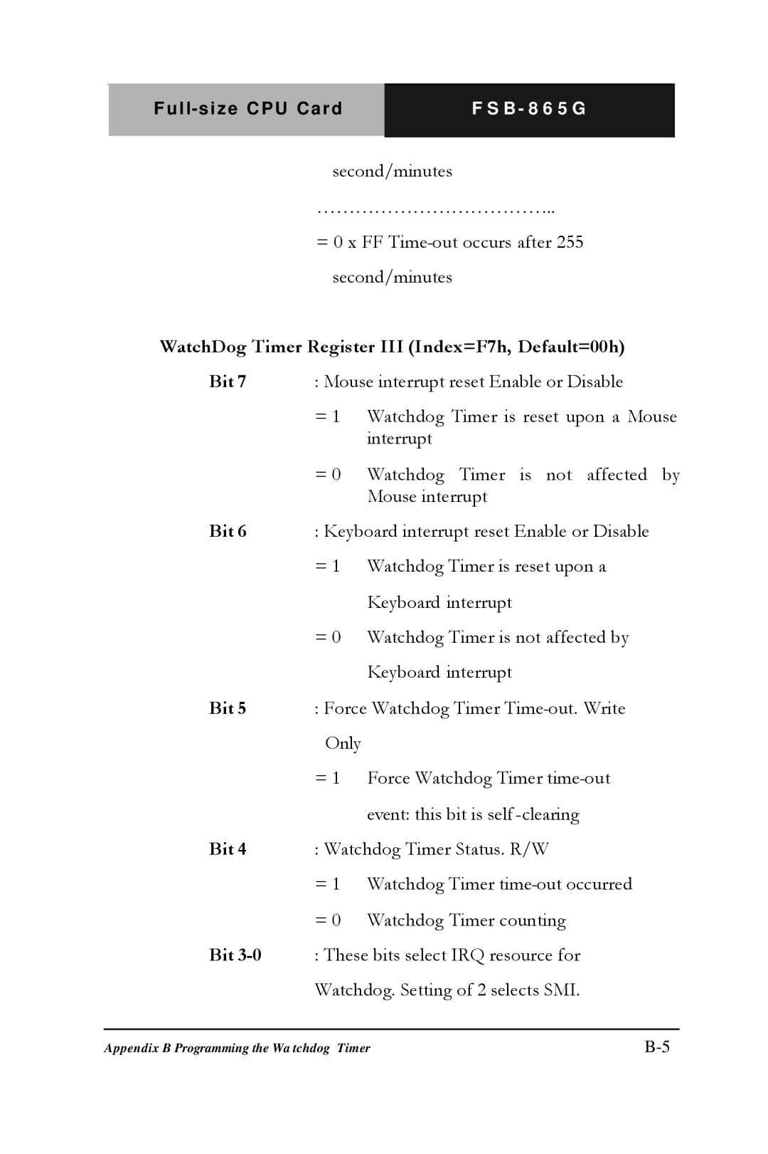 Intel Full-size CPU Card, FSB- 865G manual WatchDog Timer Register III Index=F7h, Default=00h 