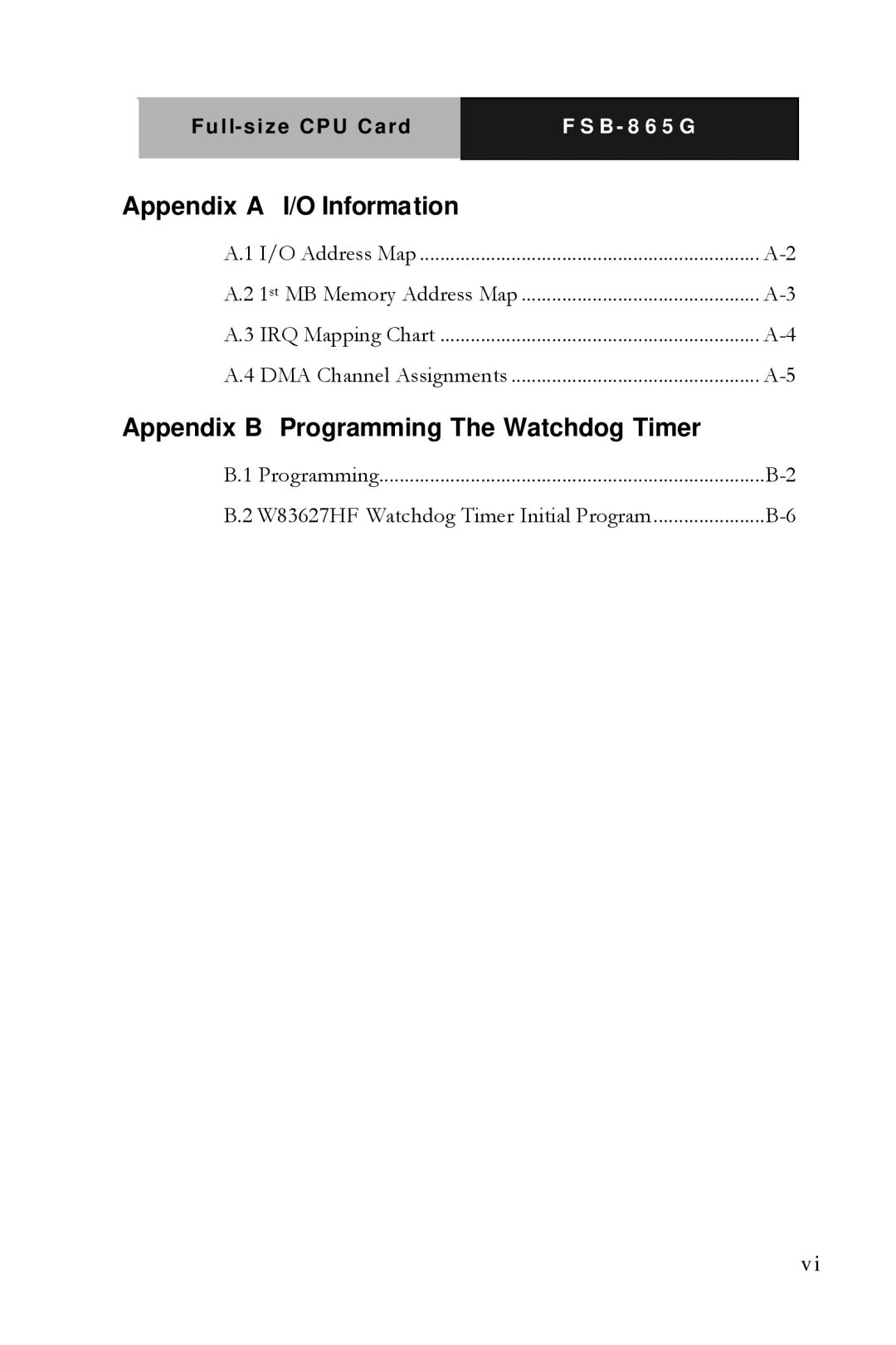 Intel FSB- 865G, Full-size CPU Card manual Appendix a I/O Information 