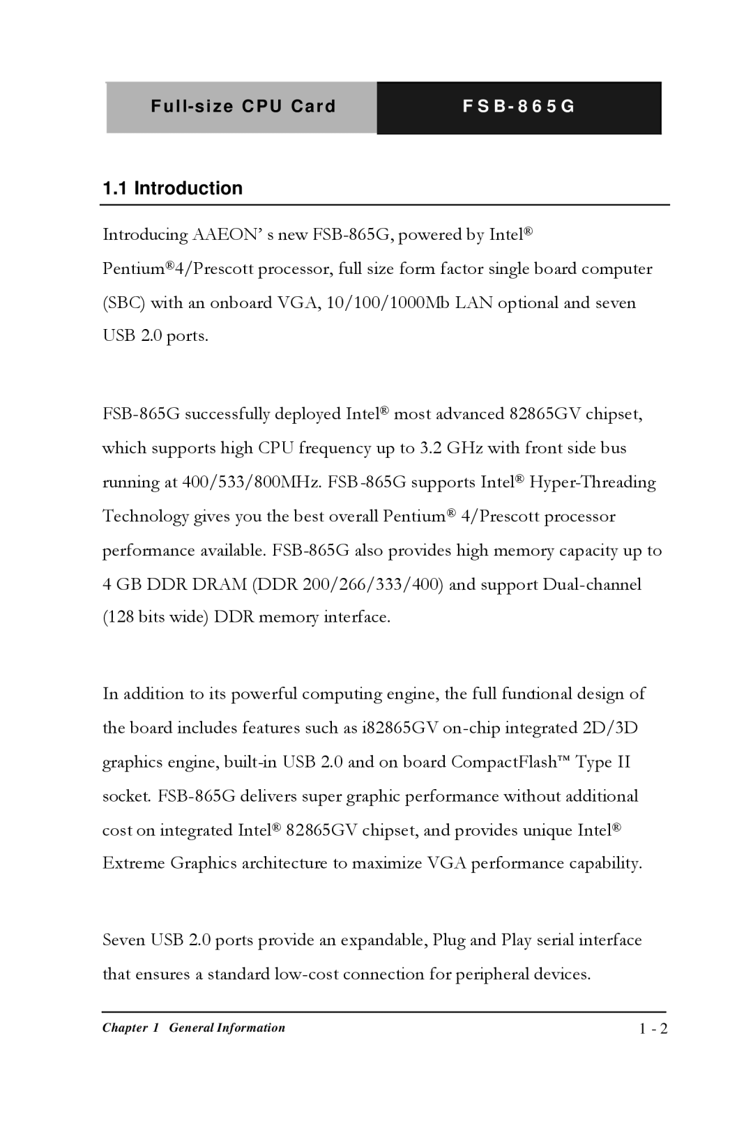 Intel FSB- 865G, Full-size CPU Card manual Introduction 