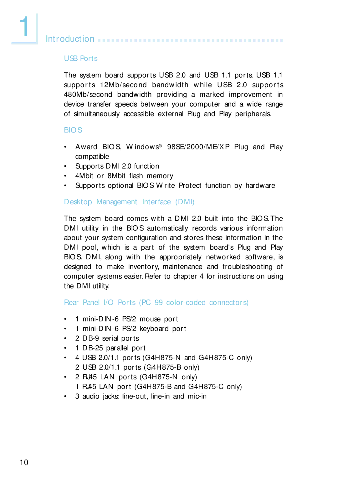 Intel G4H875-N, G4H875-B USB Ports, Desktop Management Interface DMI, Rear Panel I/O Ports PC 99 color-coded connectors 