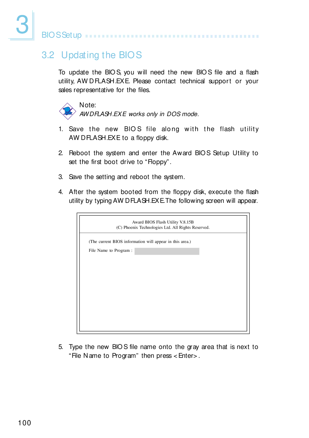 Intel G4H875-N, G4H875-B, G4H875-C user manual Updating the Bios, AWDFLASH.EXE works only in DOS mode 