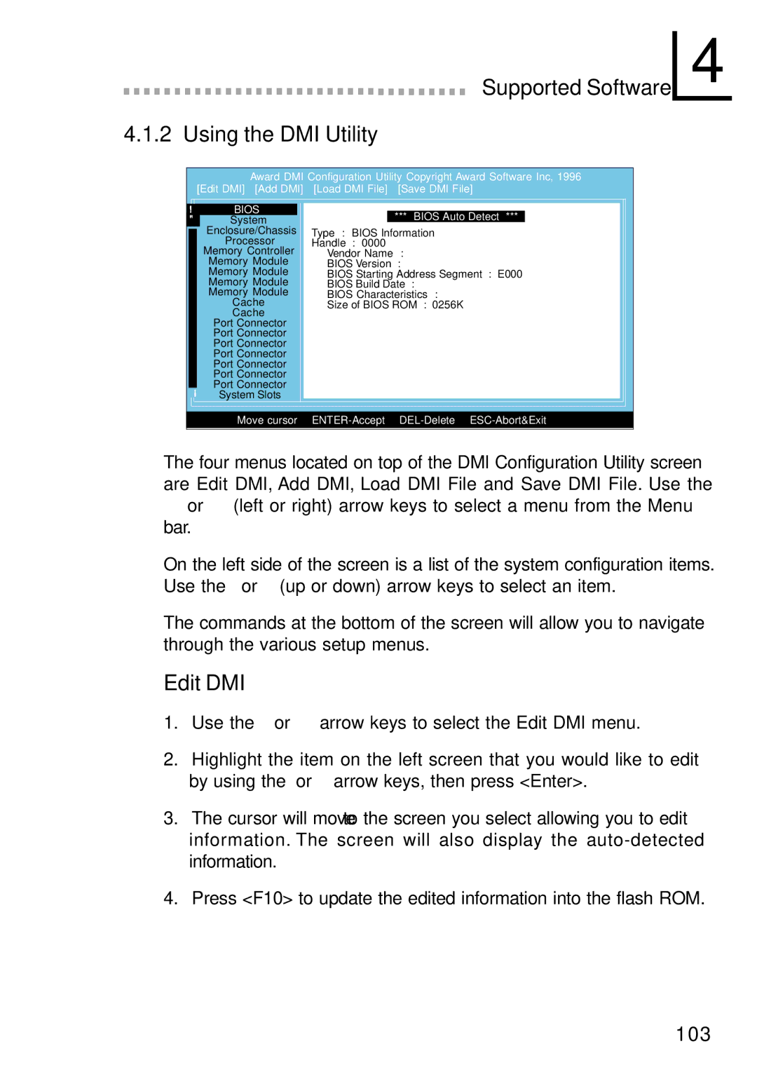 Intel G4H875-N, G4H875-B, G4H875-C user manual Supported Software Using the DMI Utility, Edit DMI 