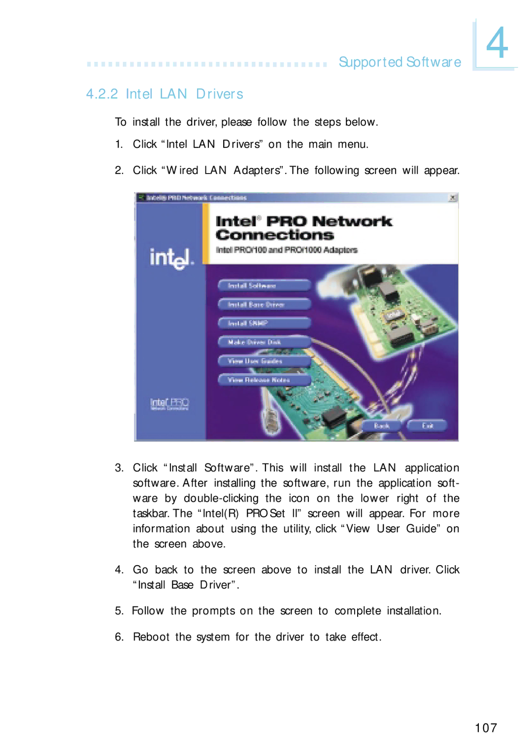 Intel G4H875-C, G4H875-B, G4H875-N user manual Supported Software Intel LAN Drivers 