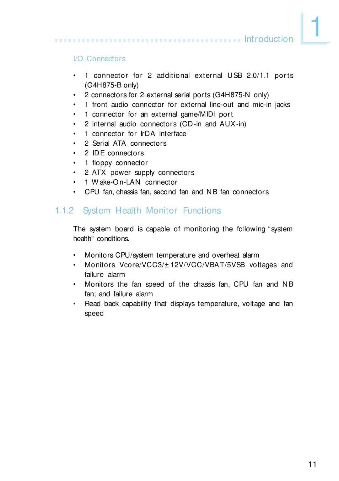 Intel G4H875-C, G4H875-B, G4H875-N user manual System Health Monitor Functions, Connectors 