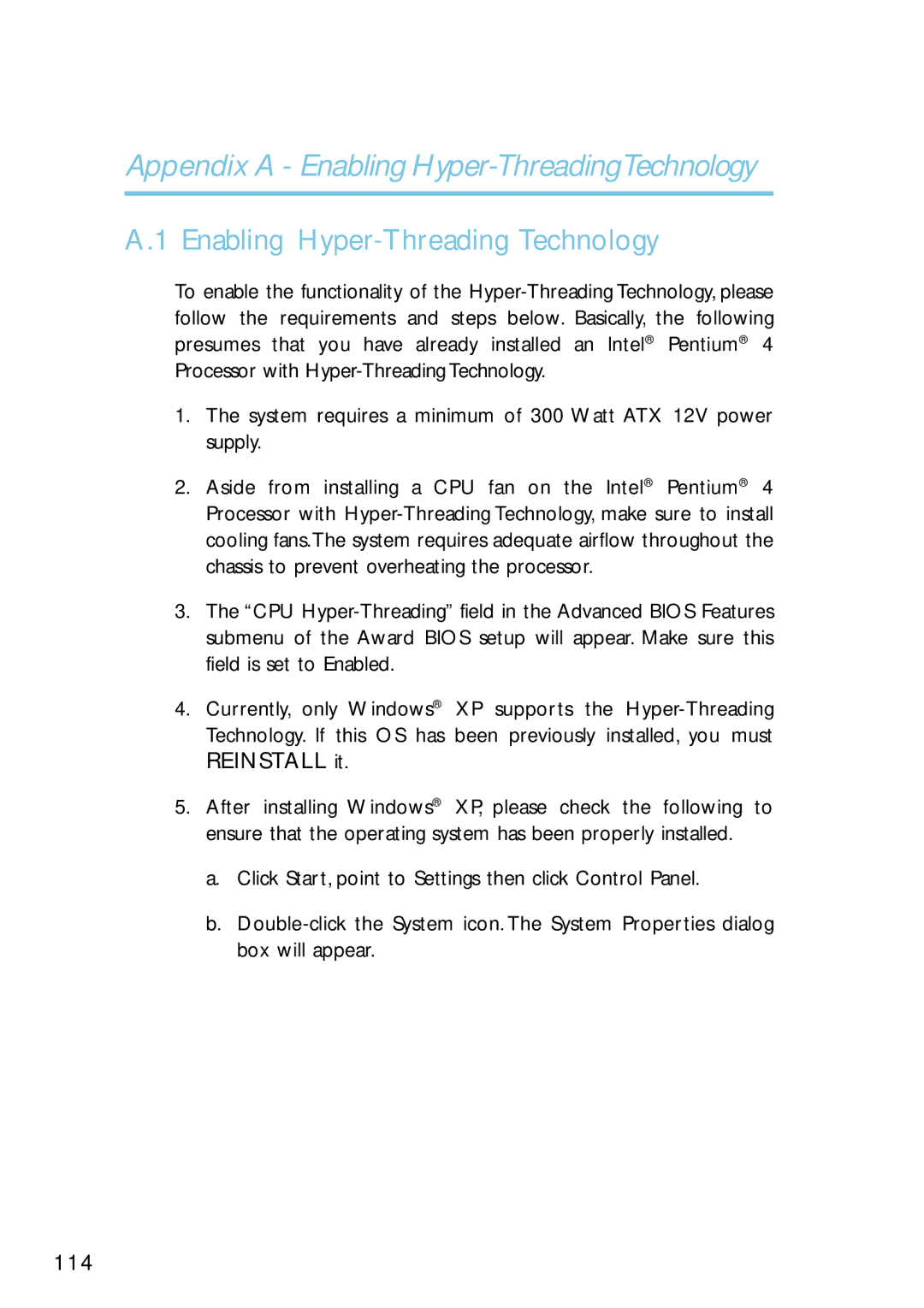 Intel G4H875-B, G4H875-N, G4H875-C Appendix a Enabling Hyper-ThreadingTechnology, Enabling Hyper-Threading Technology 