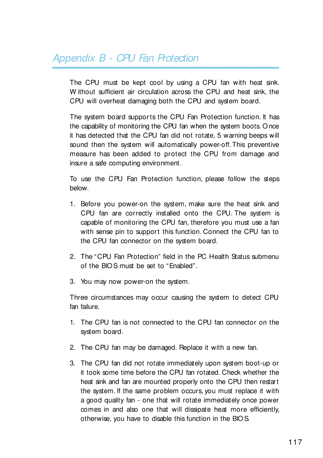 Intel G4H875-B, G4H875-N, G4H875-C user manual Appendix B CPU Fan Protection 