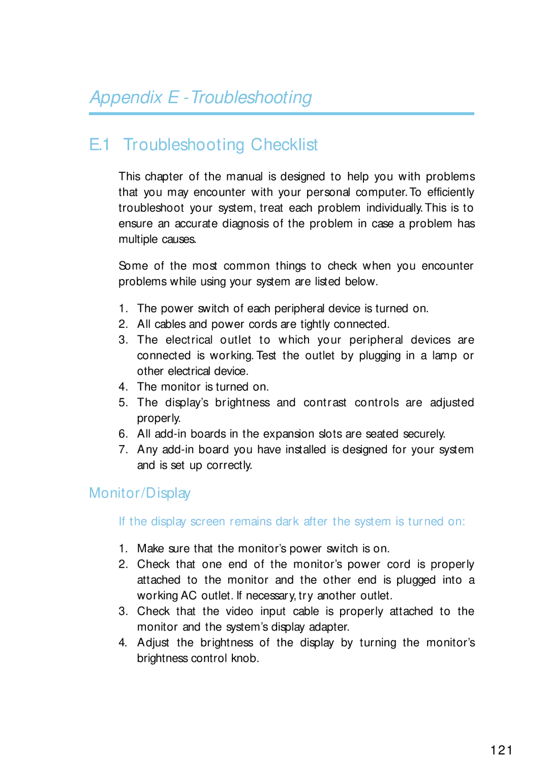 Intel G4H875-N, G4H875-B, G4H875-C user manual Troubleshooting Checklist, Monitor/Display 