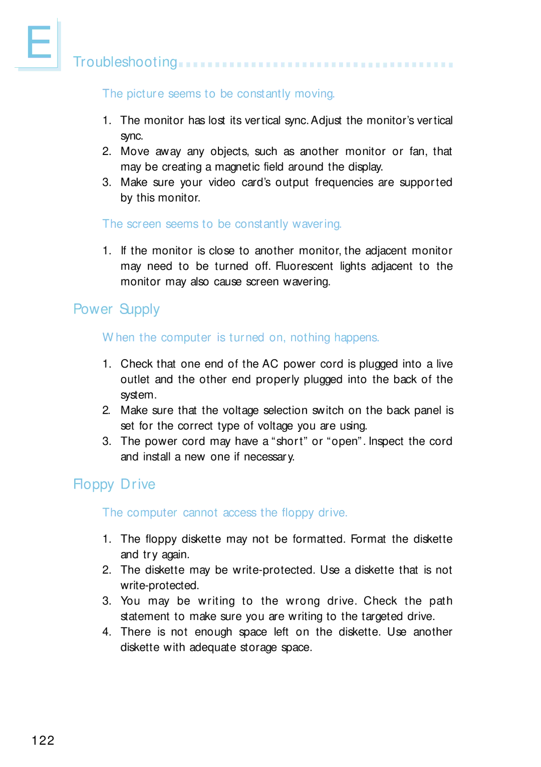 Intel G4H875-C, G4H875-B, G4H875-N user manual Troubleshooting, Power Supply, Floppy Drive 