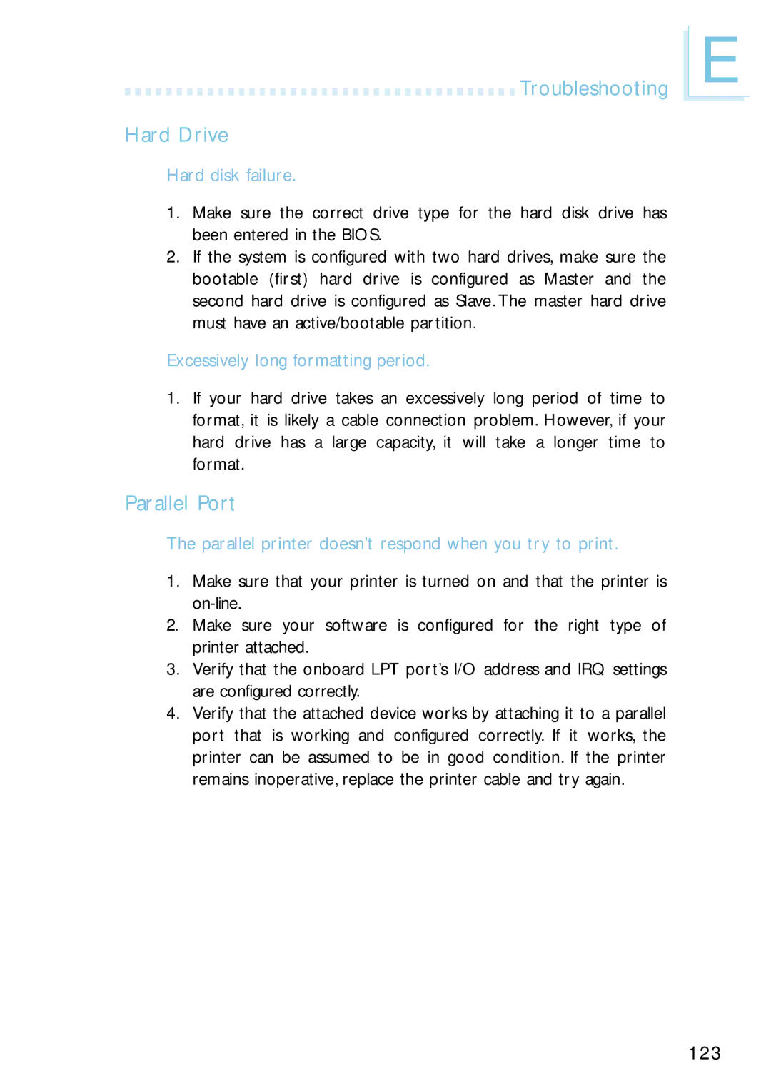 Intel G4H875-B, G4H875-N, G4H875-C user manual Troubleshooting Hard Drive, Hard disk failure 