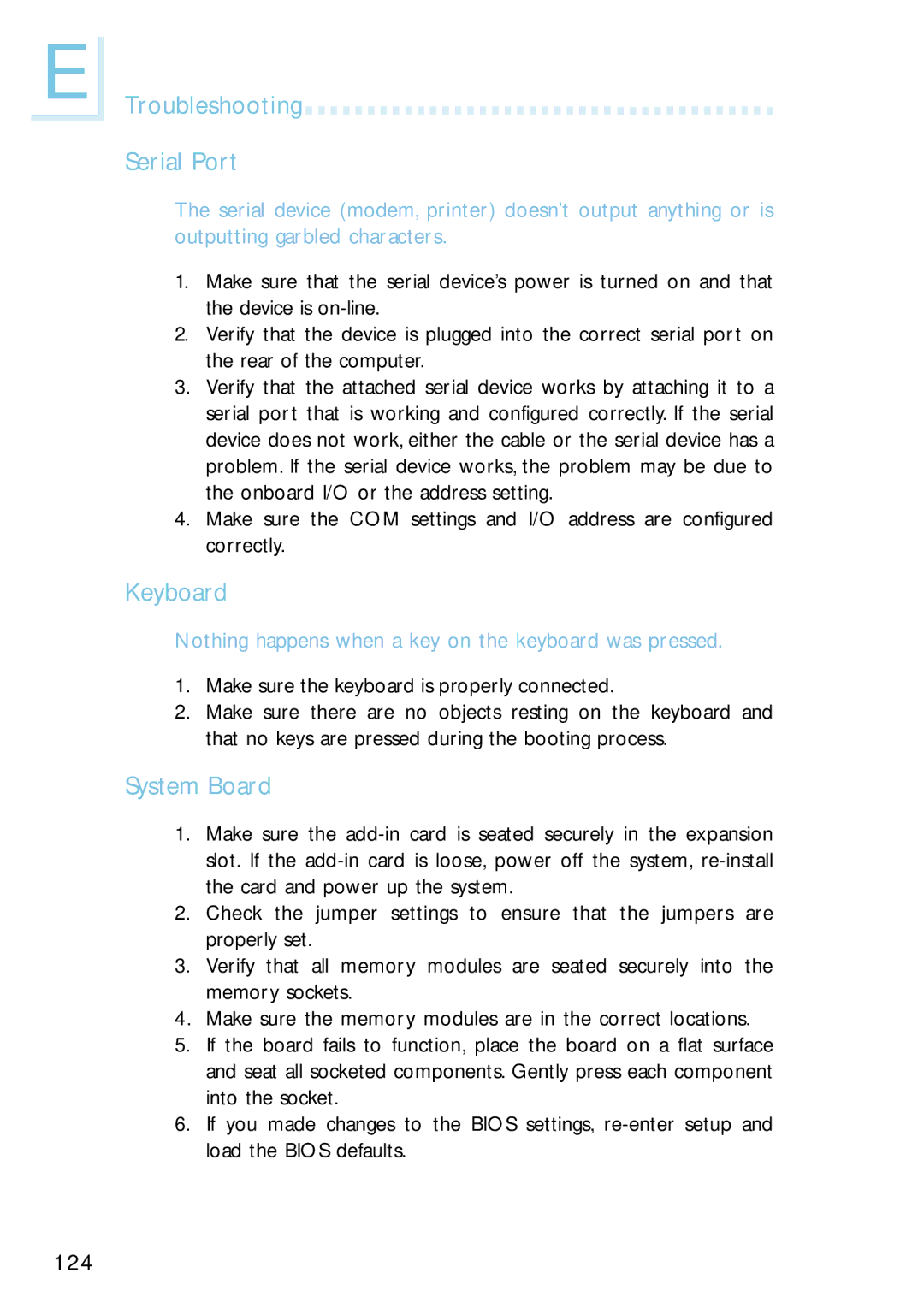 Intel G4H875-N, G4H875-B, G4H875-C user manual Troubleshooting Serial Port, Keyboard, System Board 