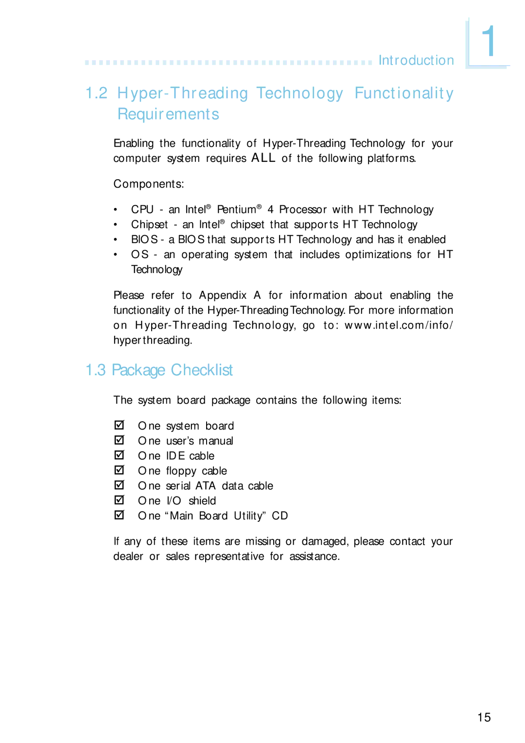 Intel G4H875-B, G4H875-N, G4H875-C user manual Hyper-Threading Technology Functionality Requirements, Package Checklist 