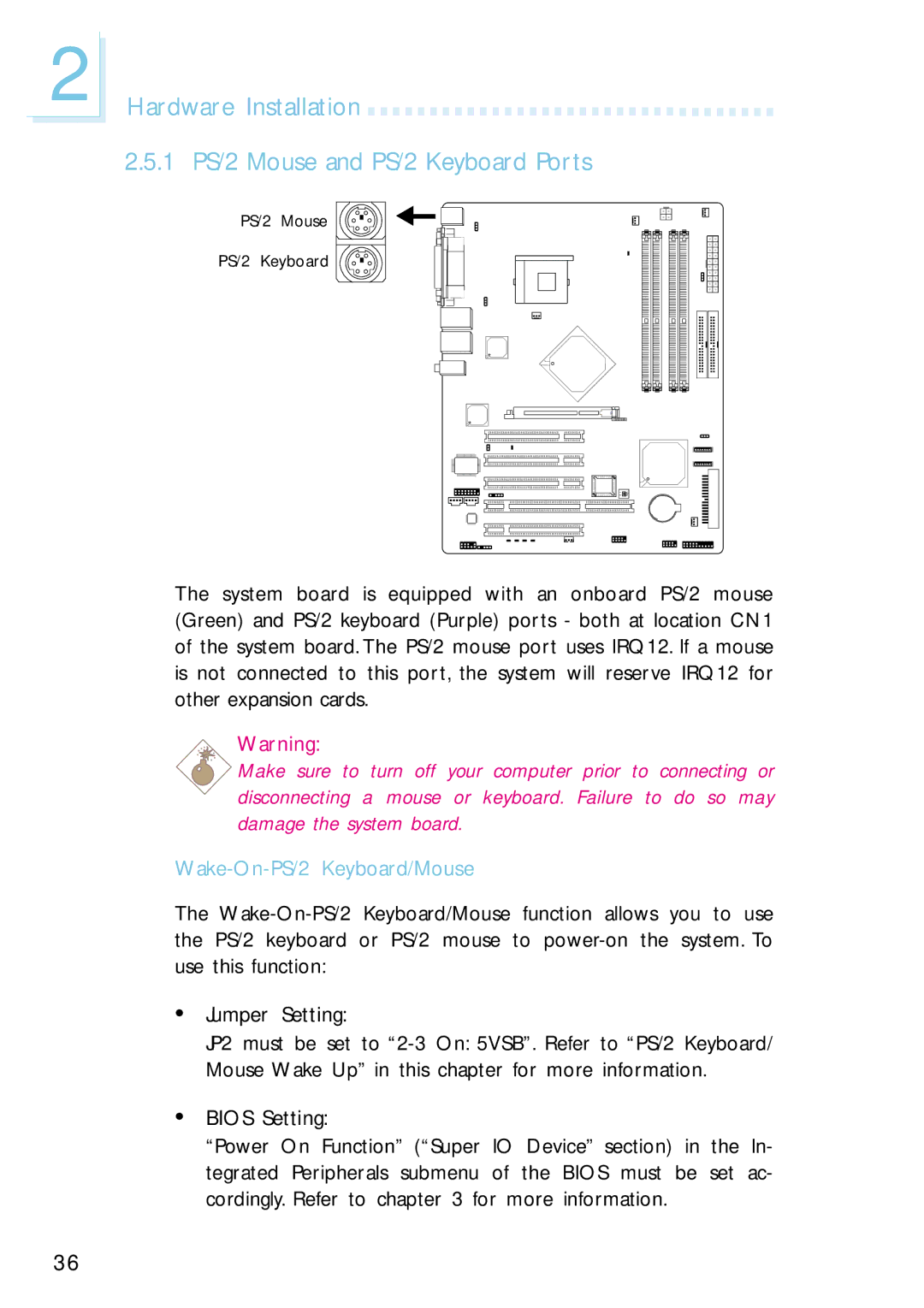 Intel G4H875-B, G4H875-N, G4H875-C Hardware Installation 1 PS/2 Mouse and PS/2 Keyboard Ports, Wake-On-PS/2 Keyboard/Mouse 