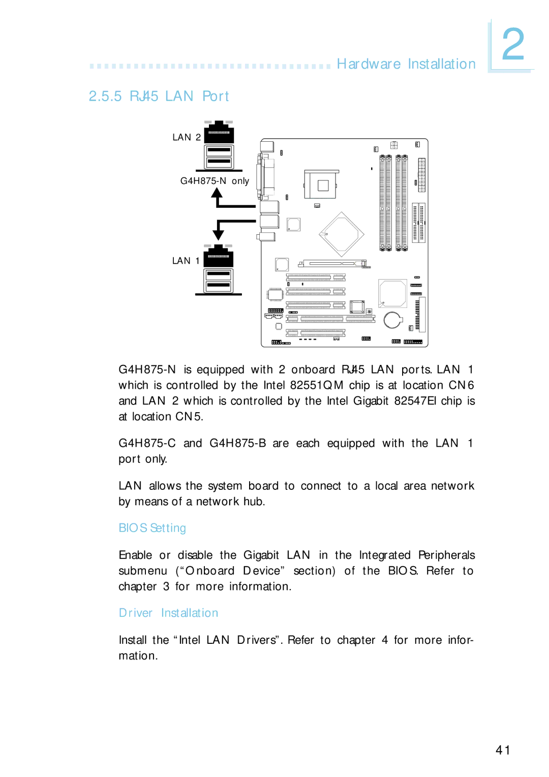 Intel G4H875-C, G4H875-B, G4H875-N user manual Hardware Installation 5 RJ45 LAN Port 