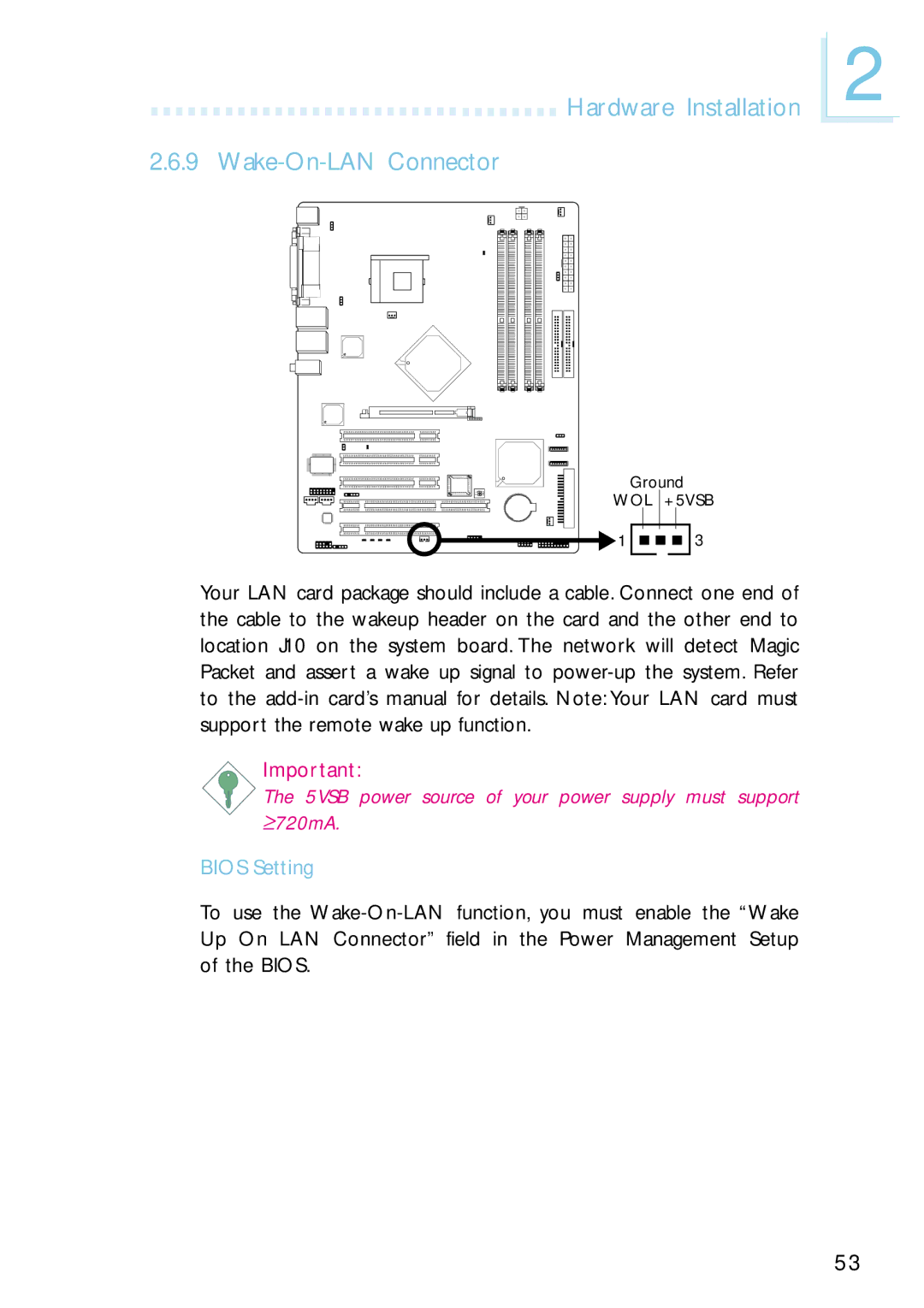 Intel G4H875-C, G4H875-B, G4H875-N user manual Hardware Installation Wake-On-LAN Connector 