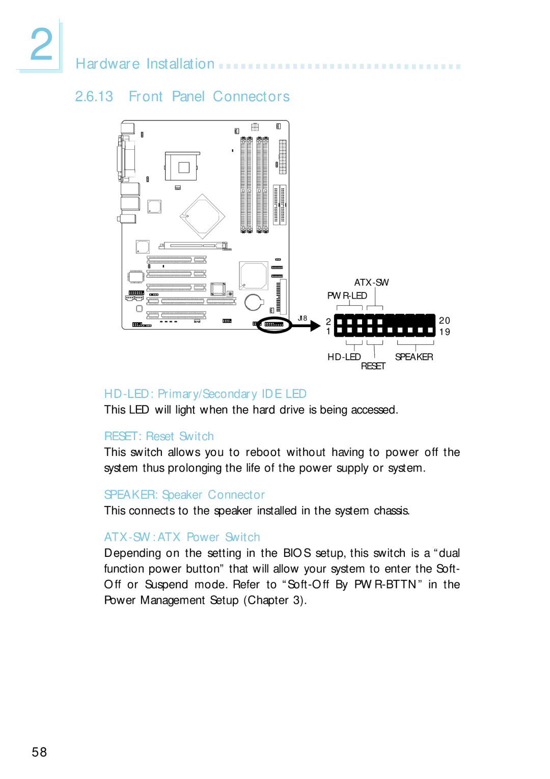 Intel G4H875-N Hardware Installation Front Panel Connectors, HD-LED Primary/Secondary IDE LED, Reset Reset Switch 