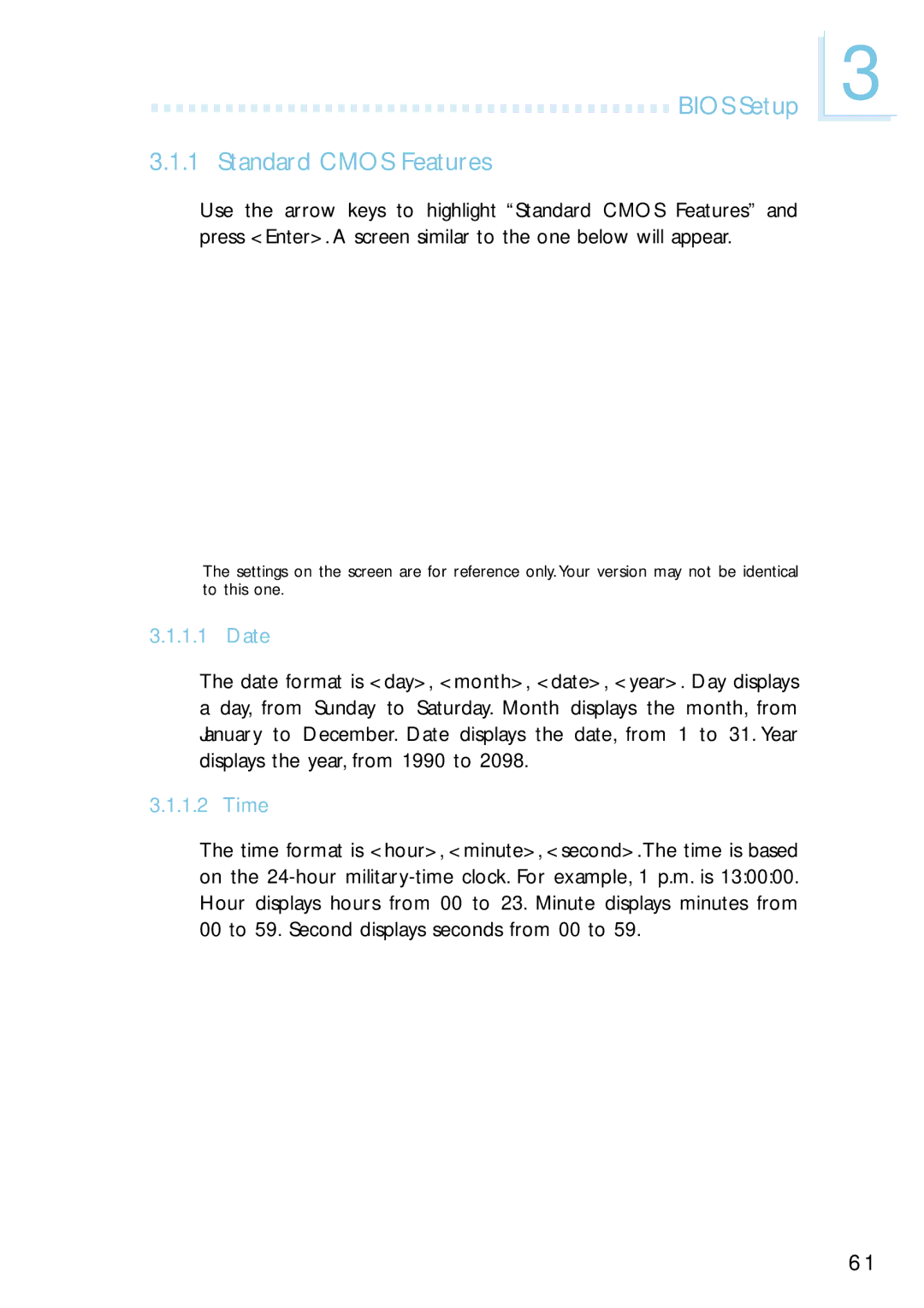 Intel G4H875-N, G4H875-B, G4H875-C user manual Bios Setup Standard Cmos Features, Date, Time 