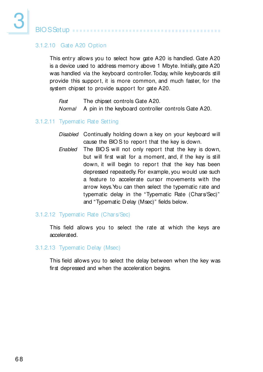 Intel G4H875-C, G4H875-B, G4H875-N Gate A20 Option, Typematic Rate Setting, Typematic Rate Chars/Sec, Typematic Delay Msec 