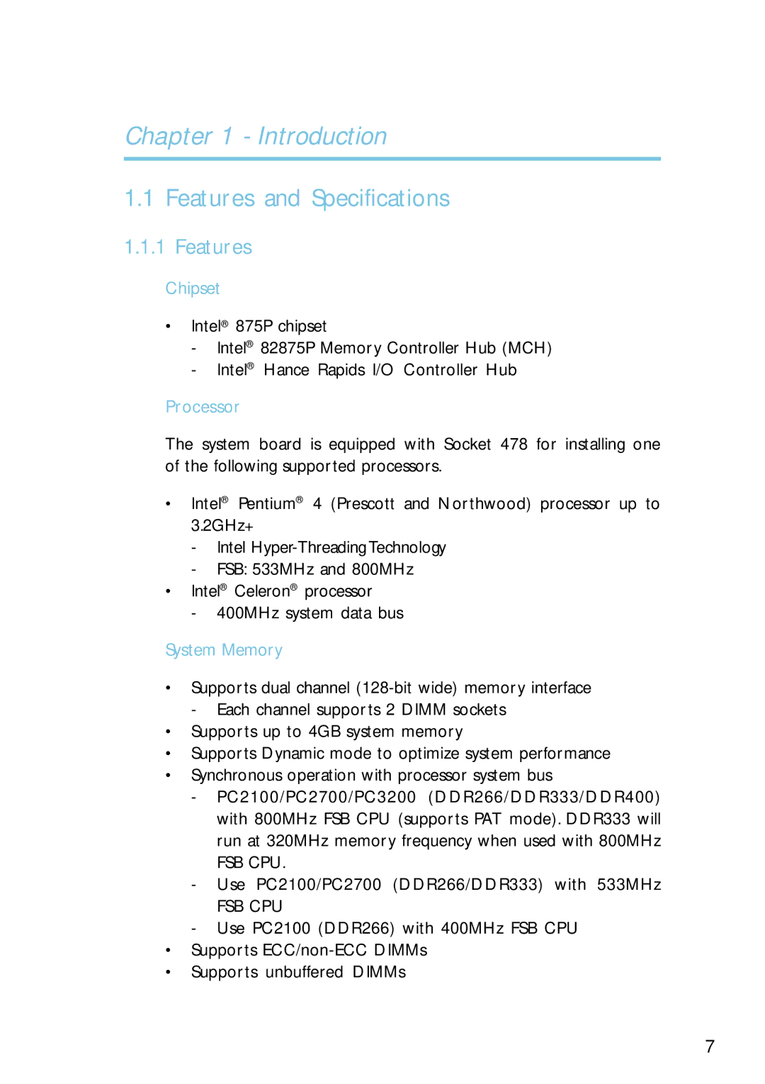 Intel G4H875-N, G4H875-B, G4H875-C user manual Features and Specifications, Chipset, Processor, System Memory 
