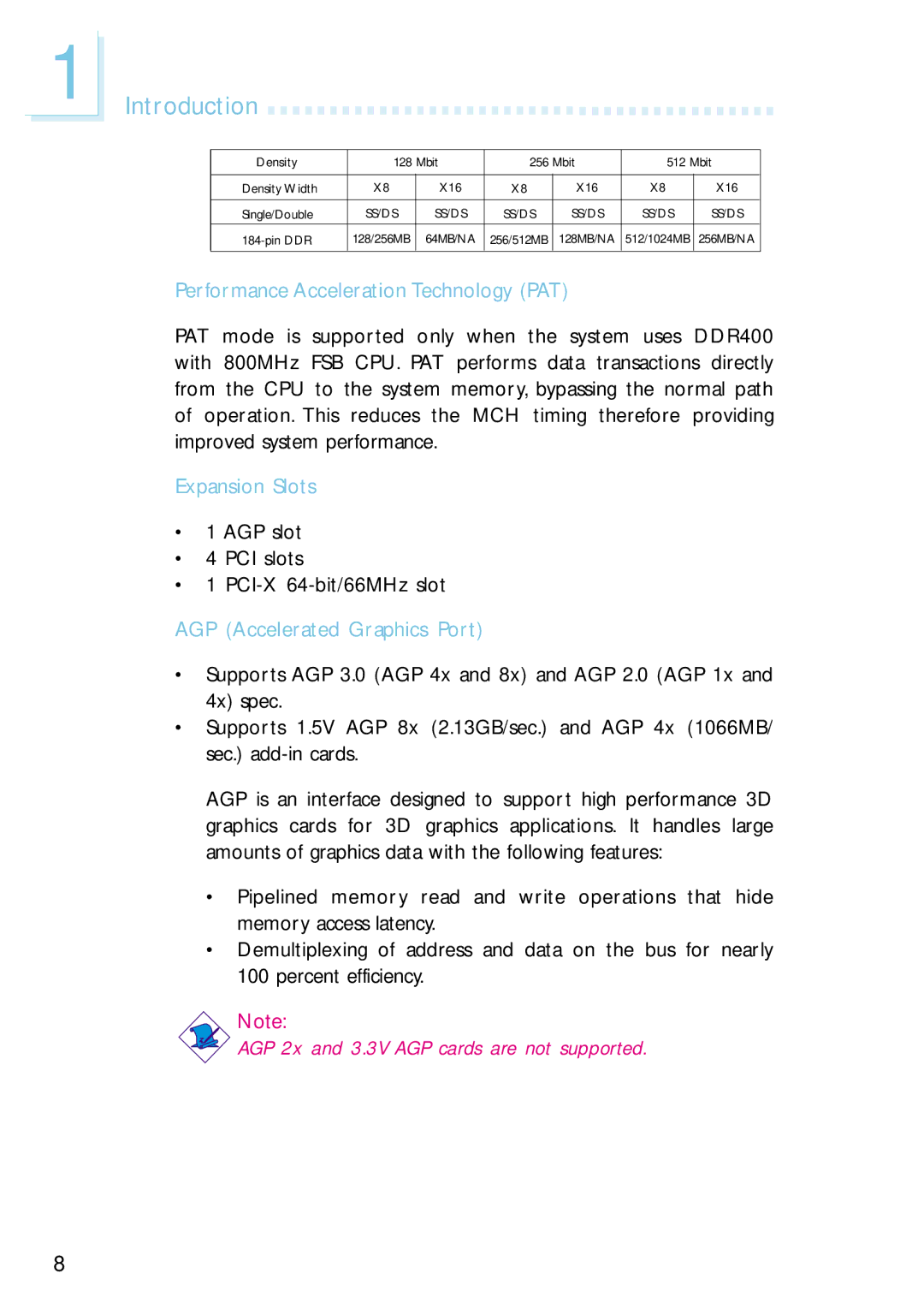 Intel G4H875-C Introduction, Performance Acceleration Technology PAT, Expansion Slots, AGP Accelerated Graphics Port 