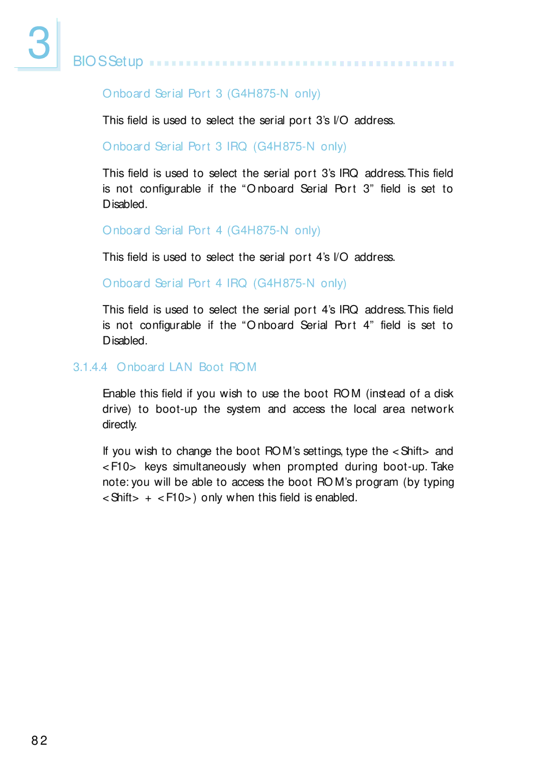 Intel Onboard Serial Port 3 G4H875-N only, Onboard Serial Port 3 IRQ G4H875-N only, Onboard Serial Port 4 G4H875-N only 